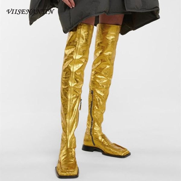 

boots gold leather square toe mid-heel zipper stretch over the knee pleated fashion high slimming knight women, Black