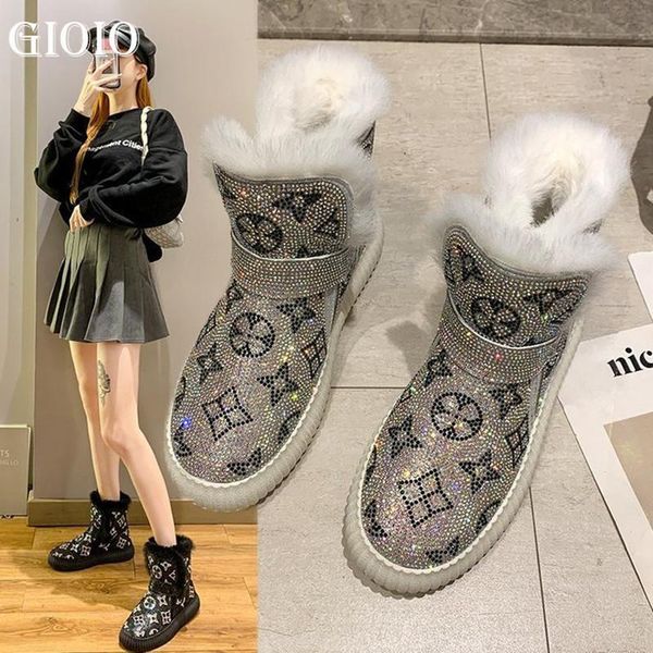 

boots gioio winter luxury cotton shoes women's fashion personality water drill snow fur warm add fleece woman's, Black