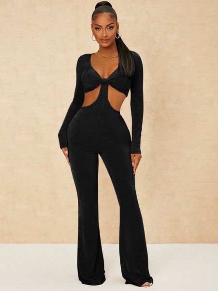 

plunging neck cut out waist flare leg jumpsuit i4ye#, White