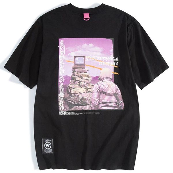 

men's t-shirts oversized tees shirts fashion casual astronaut tv print short sleeve cotton streetwear hip hop harajuku, White;black