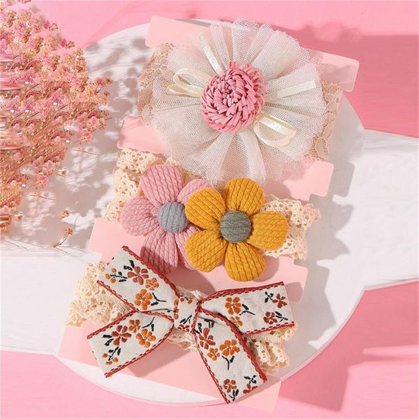 

hair accessories 3pcs/set baby girl headbands sweet bowknot lace flower kid pricness crown elastic bands turban infant gift, Slivery;white