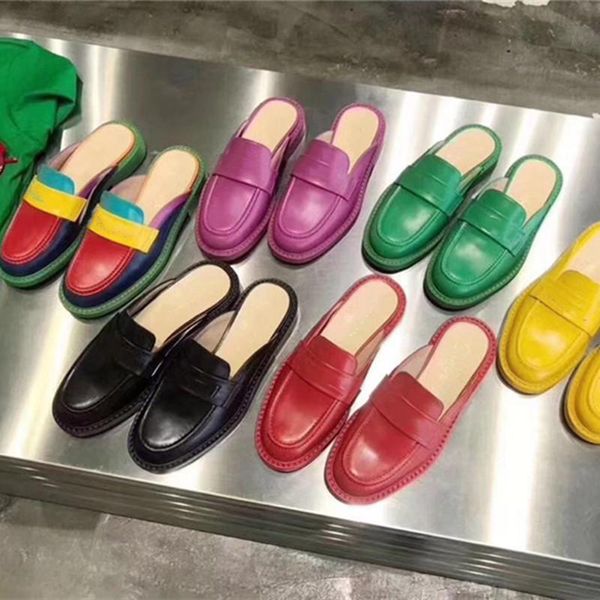 

women genuine leather slippers candy colors dress shoes ladies party outdoor trendy fashion slides designer 2021, Black