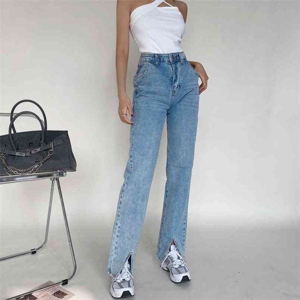 Anne Kot Kadın Yüksek Bel Siyah Mavi Denim Pantolon Taille Haute Jeansy Düz Geniş Bacak Streetwear 90 S Tarzı Vintage Donna 210809