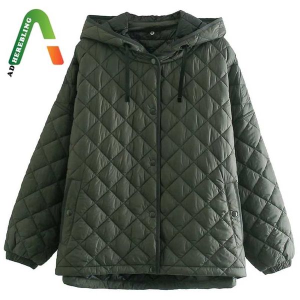 

adherebling za women traf jackets winter thin style argyle padded armygreen parkas fashion hoodies loose coat streetwear 211216, Black