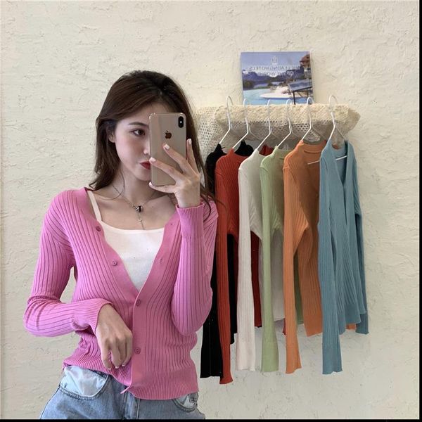

v neck knitted full sleeve women sweater thin simple cardigans knit short stretchy outwear coat for female, White;black