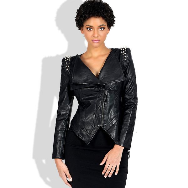 

leather jacket women's pu coat large slim rivet nk, Black
