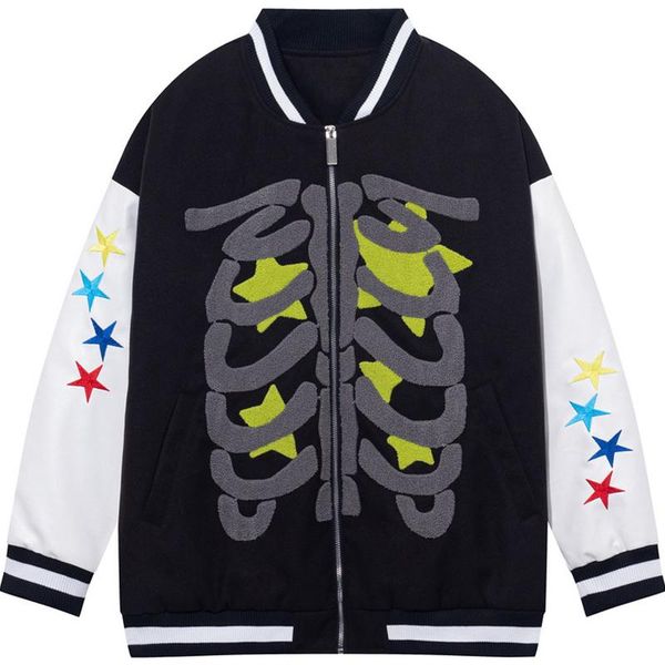 

men's jackets men pu leather stitching varsity jacket bone embroidery casual loose baseball uniform male cotton splicing hiphop winter, Black;brown