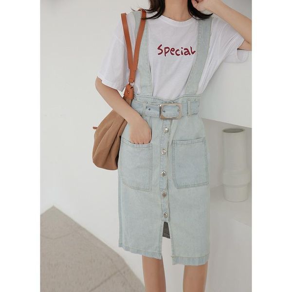 

summer denim back belt skirt loose medium and long style wash design age reducing westernized ins over knee split skirts, Black