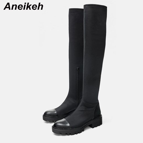 

boots aneikeh cotton fabric ladies shoes heels slip-on 2021 women's winter booties thick bottom fashion round toe platform 35-40, Black