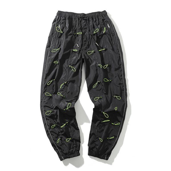 

men's pants high street allover draw cords mens polyester casual elastic waist side stripe jogger zippered pockets 1sdo, Black