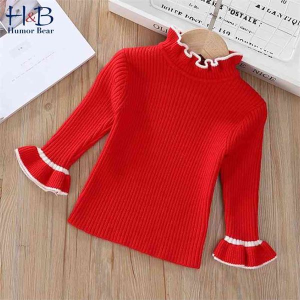 

girls sweater bottoming shirt children's trumpet sleeve lace collar base autumn winter slim knit pullover 210611, Blue