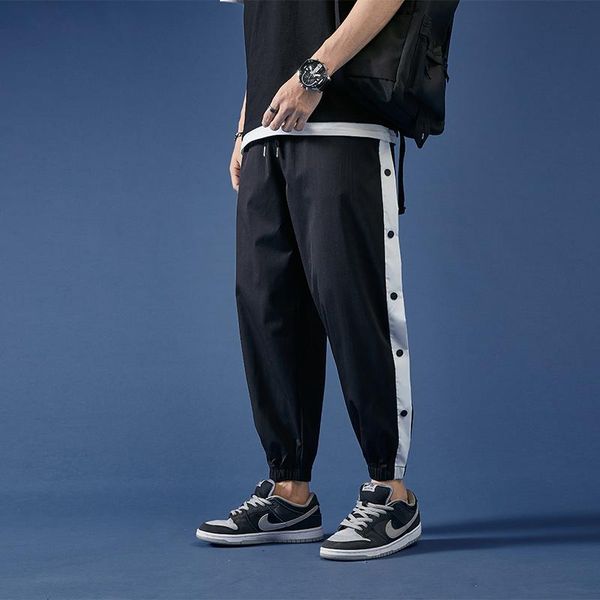 

men's pants autum cargo hip hop streetwear with two rows of button male fashion trousers, Black