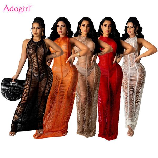 

casual dresses adogirl women see through long knitted summer beach dress lace up halter backless night club party vestidos swimwear cov, Black;gray