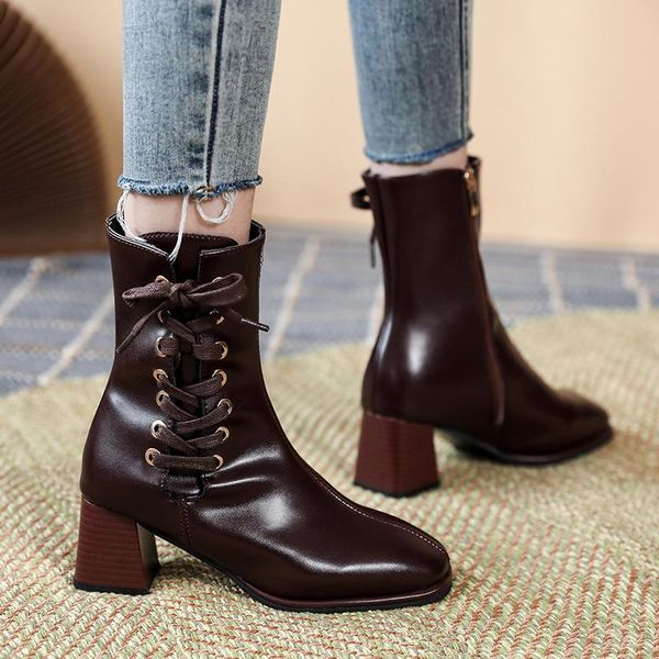 

boots high heel 2021 genuine leather women shoes lace-up round toe zipper handmade concise ankle platform, Black