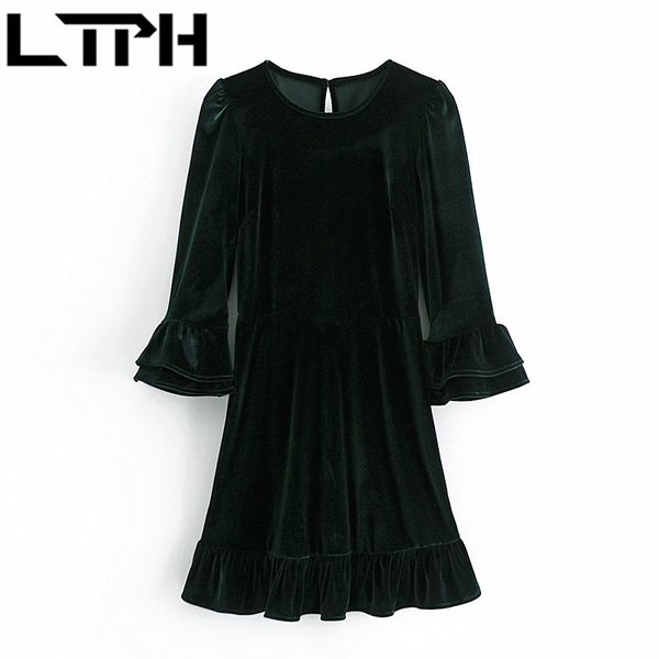

french vintage solid silkvelvet women dress o-neck long sleeve rear buttons elegant ruffles dresses spring autumn 210427, Black;gray