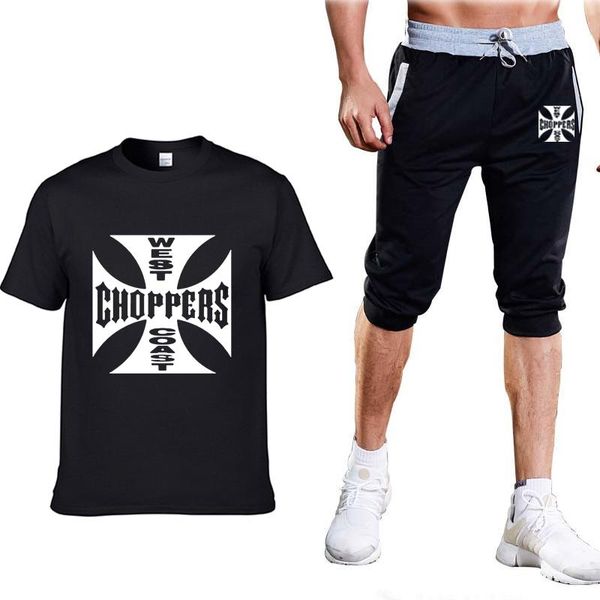 

jogging clothing 2021 summer men's suit west coast choppers printed casual comfortable male t-shirt crew neck cotton pants 2pcs, Black;red