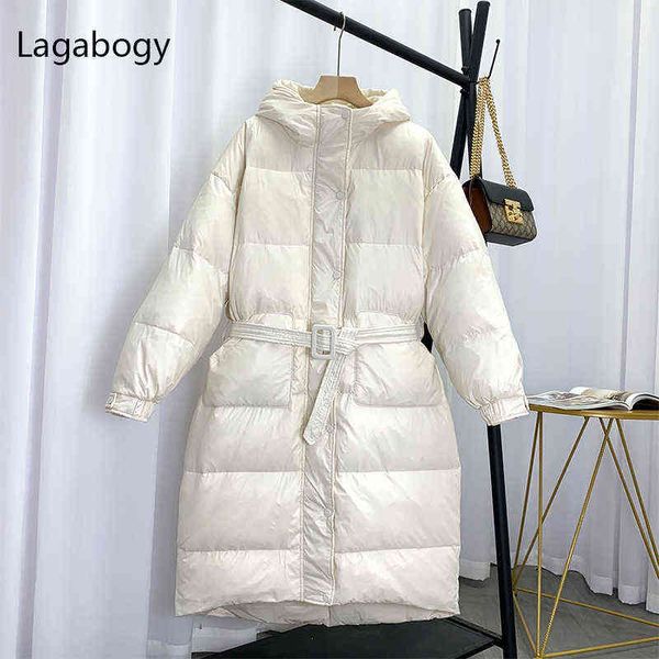 

lagabogy women winter long 90% white duck down jackets female hooded soild coats thick warm loose windproof belt parkas 211130, Black