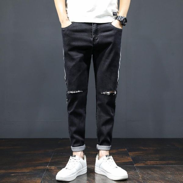 

men's jeans korean fashion button slim cut, Blue