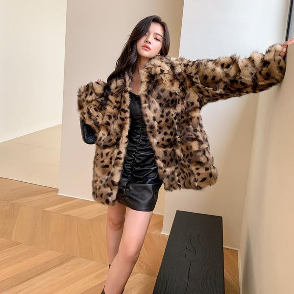 

women's fur & faux autumn and winter coat mid-length leopard print young haining women clothes, Black