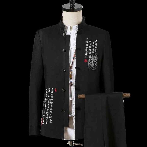 

men's suits & blazers (pants + jackets) male synicism printed chinese tender/male tunic cotton business two beige black suits l1i5, White;black