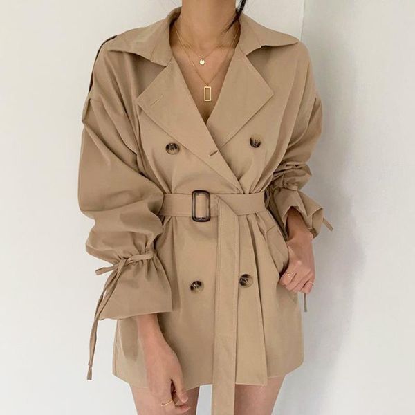 

[ewq] 2021 spring elegant women trench fashion office lady sash coat outwear autumn chic korean loose coats khaki women's jackets, Black;brown