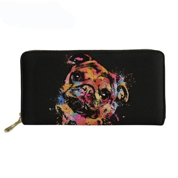 

wallets women leather ladies coin money bag cute pug dog large capacity zipper travel long purse bags female clutch notecase, Red;black