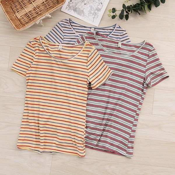 

casual striped o neck womens short sleeve summer tees m30243, White