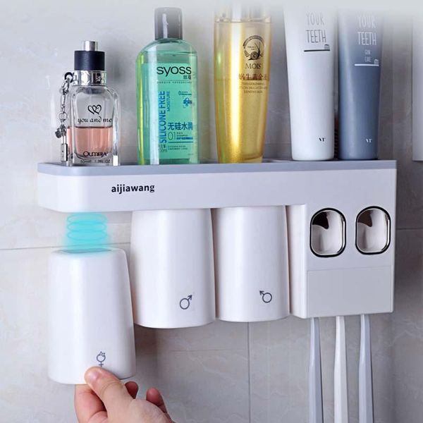 

toothbrush holders wall-mounted tooth brush holder dispenser cup organizer inverted automatic toothpaste squeezer bathroom storage rack