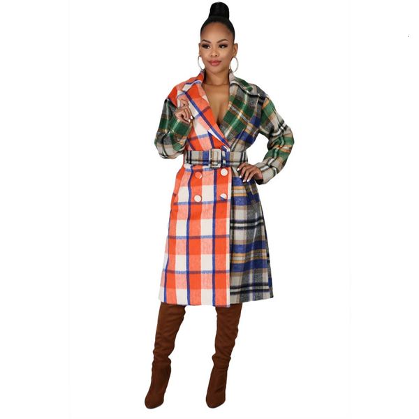 

women's wool & blends plaid patchwork womens designer autumn winter contrast color long sleeve lapel neck casual women 3tku, Black