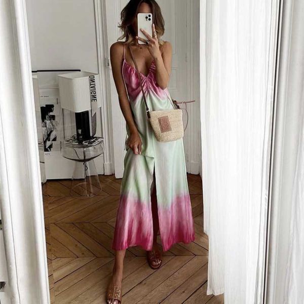 

casual dresses woman tie-dye sling long dress 2021 summer elegant female satin halter ladies backless beach, Black;gray