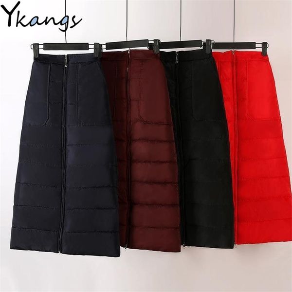 Plus size 5xl inverno quente saia mulheres elásticas cintura alta cintura negra para baixo saia de algodão feminino espessa zipper magro moda 210421