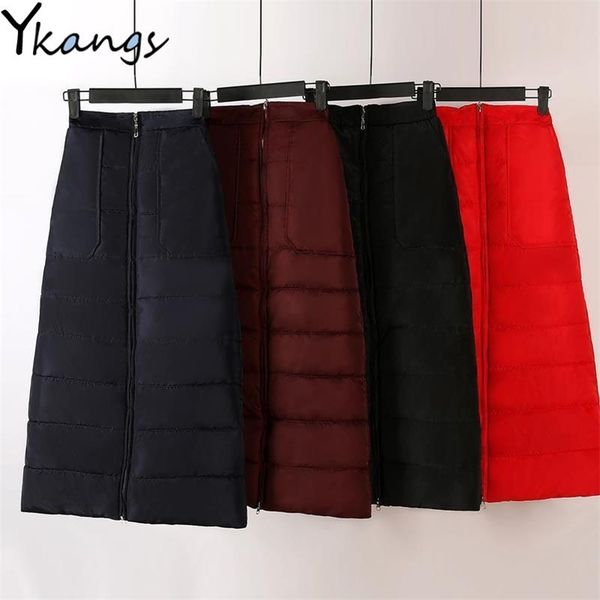 

plus size 5xl winter warm skirt women elastic high waisted black down cotton skirt female thick zipper slim fashion 210421
