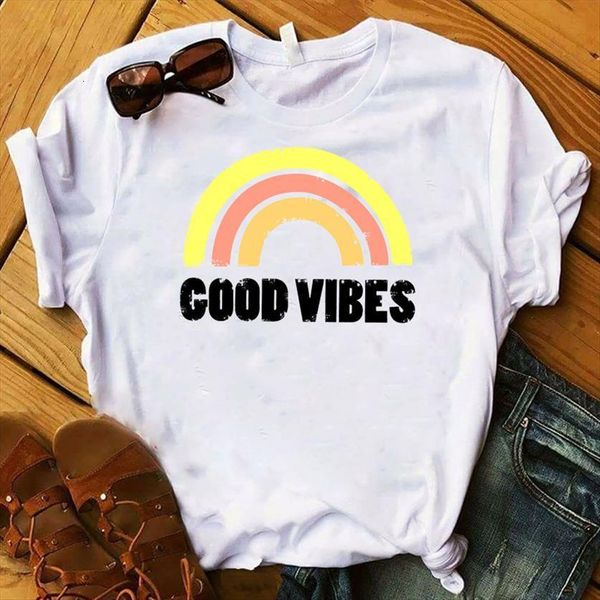 

good vibes rainbow printed womens t shirts short sleeve tee clothes graphic, White