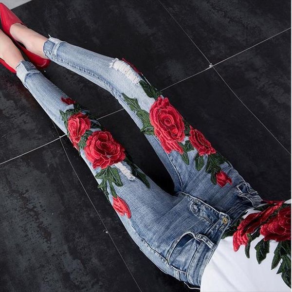 

flower embroidered stretch elastic womens jean pencil hole ripped rose pattern plus size 25 31, Blue
