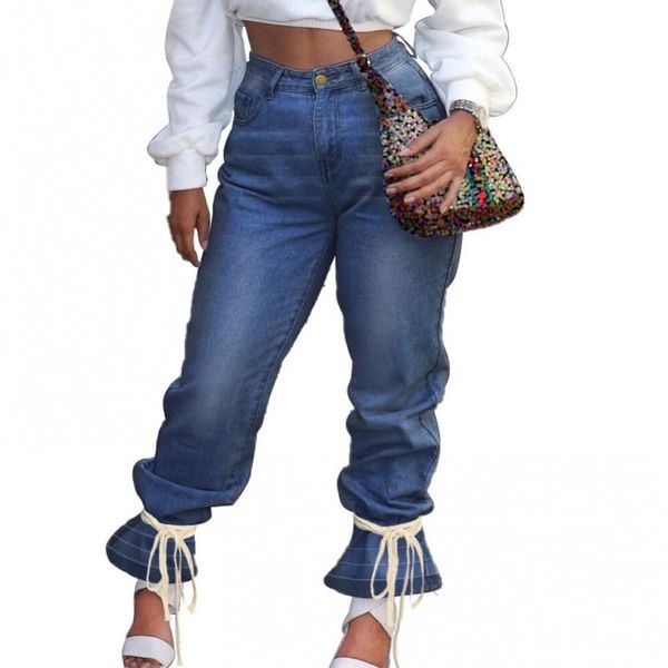 

plus size pants denim women high waist zipper pocket bandage trouser 2021 fashion street style casual female blue jeans 4xl, Black