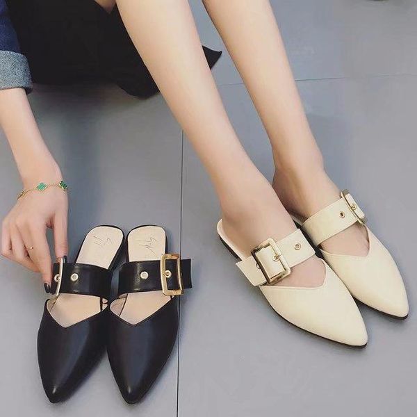 

slippers 2021 summer female casual flat shoes baotou half sandals pointed heel belt buckle lazy, Black
