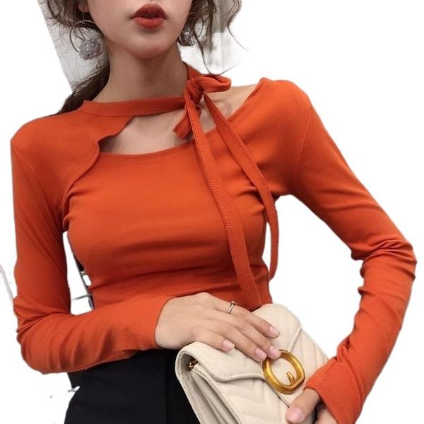 

100% cotton long-sleeved autumn and winter network red retro open band with air clavicle t-shirt base shirt women's, White