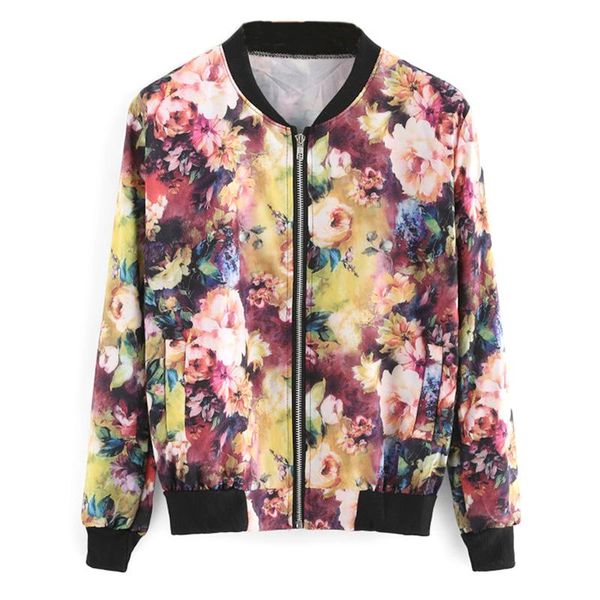 

women's jackets autumn women bomber jacket vintage sweet floral collar long-sleeved short print zipper coats kh659609, Black;brown