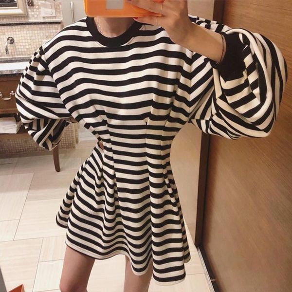 

striped dress black and white autumn women thickening mini dresses casual a-line puff sleeve outwear korean fashion, Black;gray