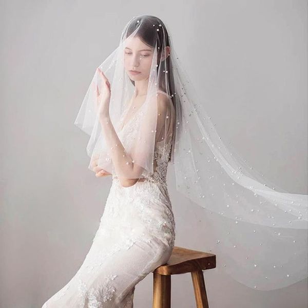 

bridal veils white ivory wedding veil beaded dress royal pearl for bride one layer short, Black