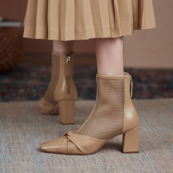 

boots net leather spring and summer single cool square head thick heel back zipper retro x765, Black