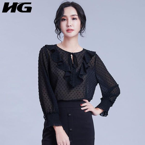 

women's blouses & shirts [hg] 2021 spring europe fashion women blouse casual o-neck full sleeve ruffles patchwork bandage solid color s, White
