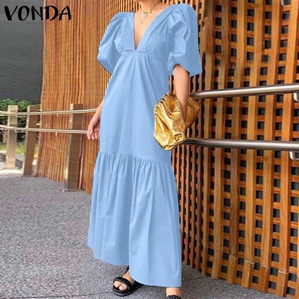 

party dresses summer sundress women vintage ruffled long maxi dress vonda 2021 v neck puff sleeve zipper robe femme bohemian vestidos, White;black
