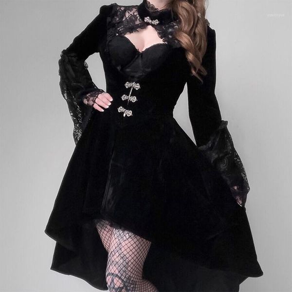 Vestidos casuais goth escuro vintage sexy gótico halloween malha outono 2021 inverno plissado vestido feminino oco para fora estética elegante chique