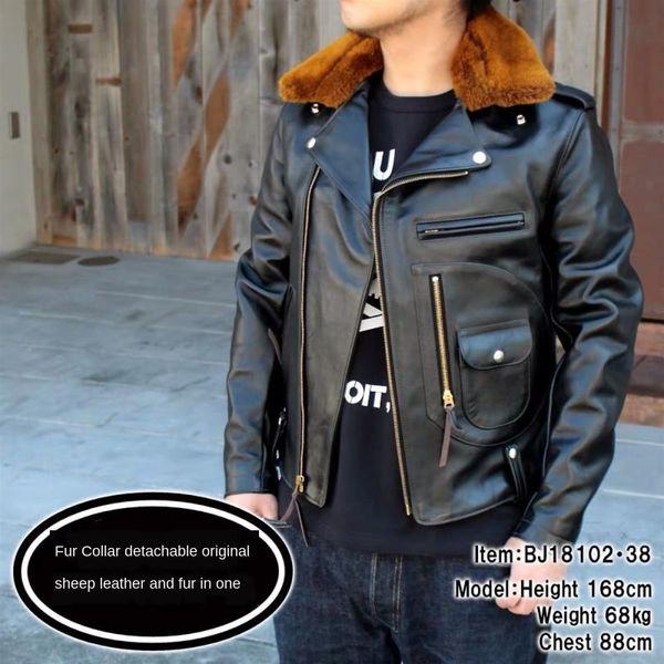 

men's leather & faux detachable fur collar j-24 imported from italy batik cotton-padded vintage khaki diagonal genuine clothes men, Black