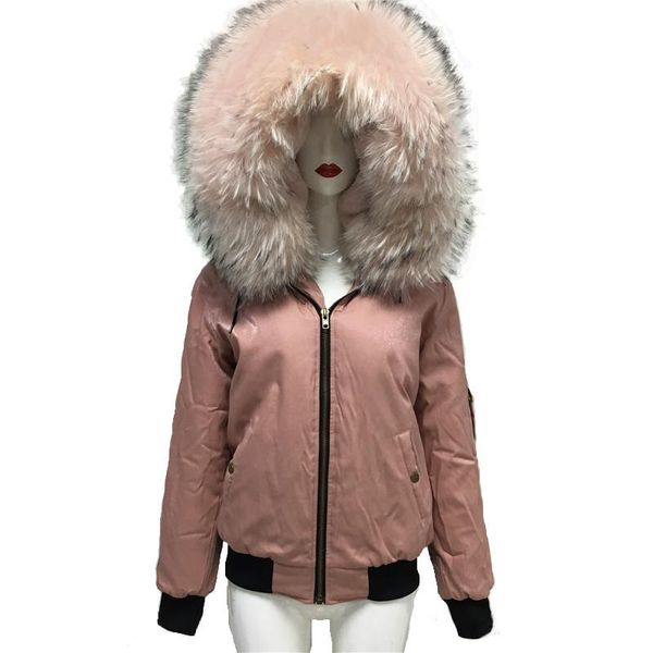 

women's jackets pink baseball jacket spring casual fuax fur lining coat for women real raccoon collar have zipper, Black;brown