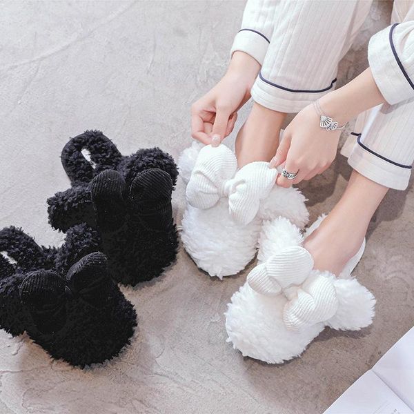 

cute bow slippers girl indoor warm winter mute non-slip floor rubber sole black