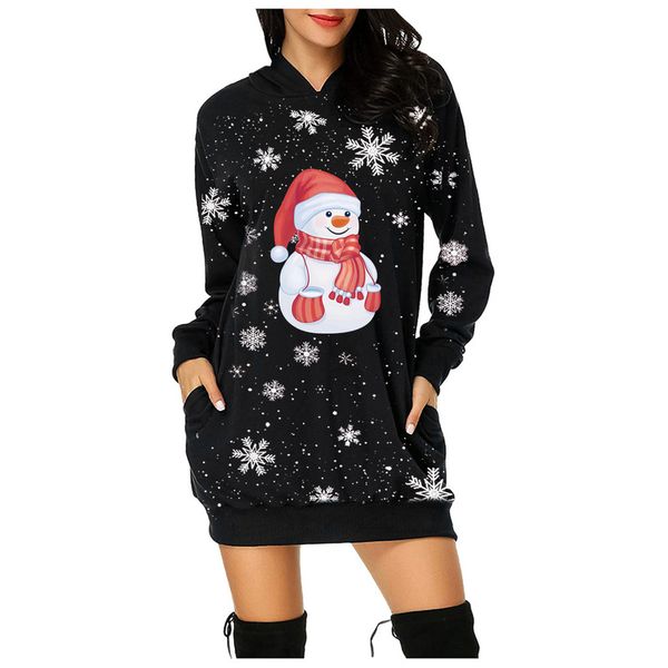

2021 christmas print mid-length pocket hoodie long sleeve sweater women, Black