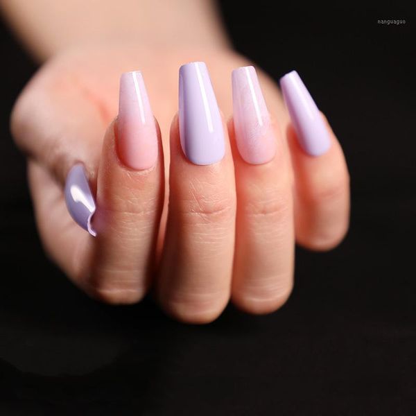 

gradient fake nails coffin purple and nude color middle length press on with glue designed full cover resin nail tips1, Red;gold