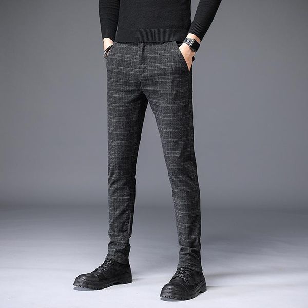 

brand pants men casual elastic long trousers male cotton plaid gray work pant men's autumn, Black
